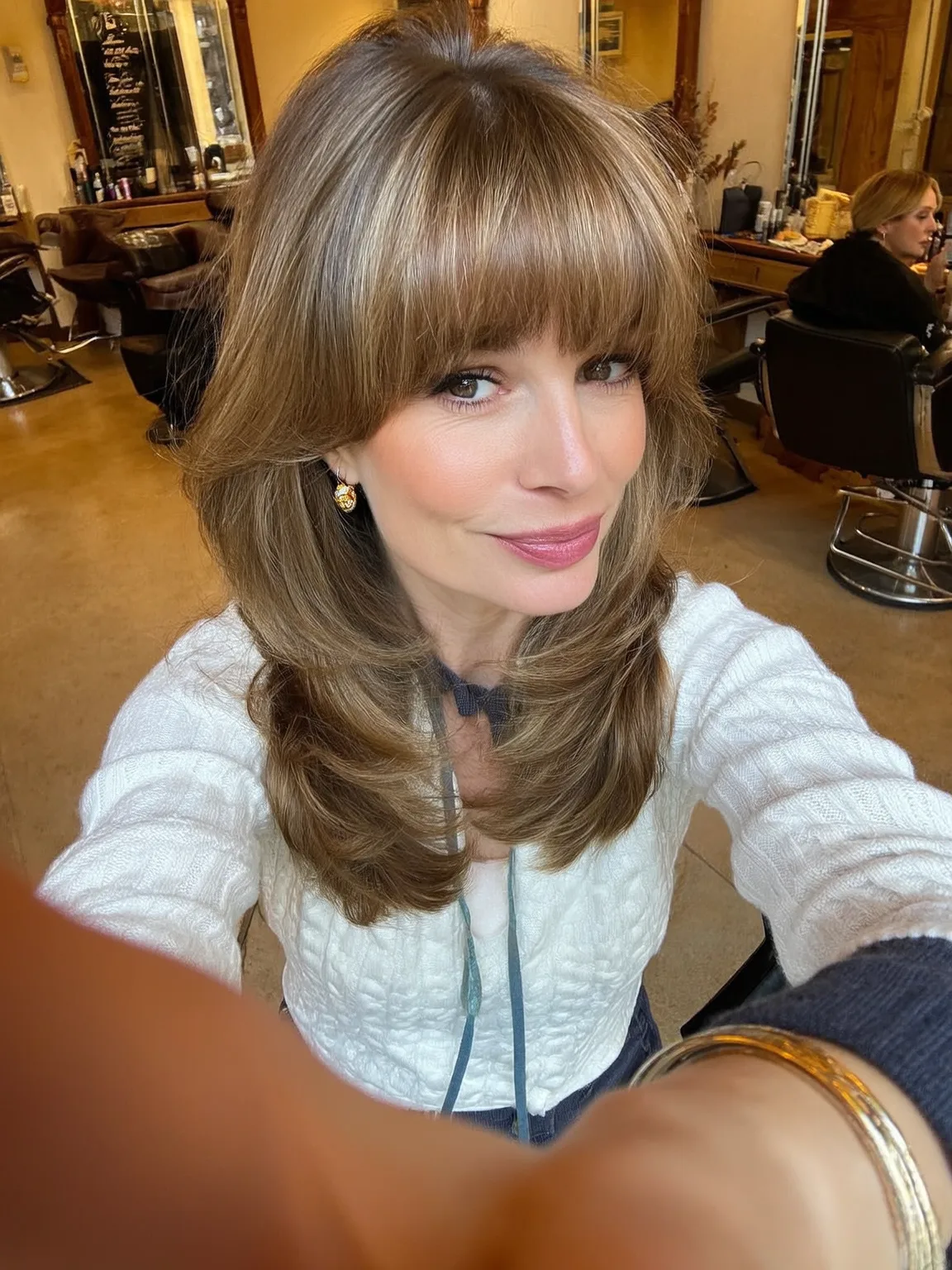 Golden Brown Straight Layers with Sharp Blunt Bangs